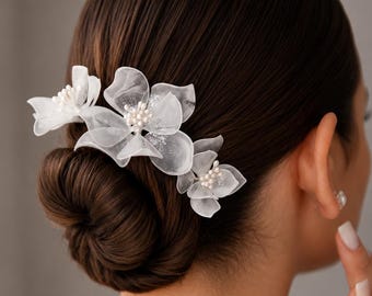 ブライダルフラワーヘアピン3点セット｜手作りのヴィトライユウェディングヘアアクセサリー｜パールフラワーヘアピン｜ブライダルヘアピース｜パールヘアピース