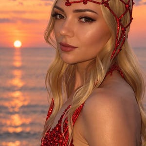 May include: A red glittery headpiece featuring a knotted net design that covers the top of the head, paired with a matching red glittery top constructed from a similar knotted net material, both items displaying a vibrant, sparkling finish.