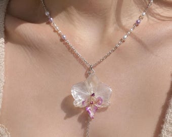 Orchid Choker with Freshwater Pearls, Real Flower Necklace, Botanical Jewelry, Romantic Coquette Accessory
