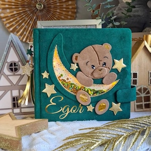 Album personalizzato per neonati con orsetto e luna/Libro dei ricordi con copertina morbida per bambini/Regalo con nome personalizzato/Articoli più venduti/Cartello per annuncio di nascita