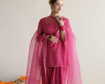 Pink farsi Shalwar Suit Set for Women Indian Festive & Wedding Outfit Handmade Salar Kameez with Organza Dupatta Custom Made Ethnic Wear