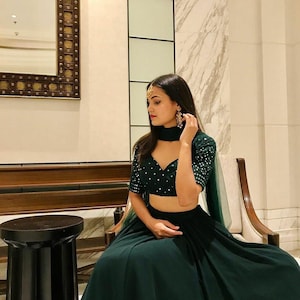 Dark Green Velvet Lehenga Choli Set | Indian Wedding Guest Outfit | Desi Party Wear | Custom Indian Dress for Women | Riwaaz by Mayuri