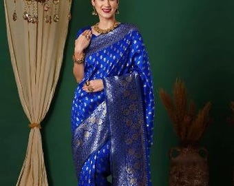 Royal Blue Banarasi Silk Saree for wedding Indian Wedding Sari |Ethnic Wear | Bridal Reception Outfit Traditional Festive Clothing for Women