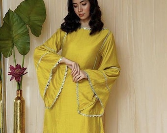 Mustard Yellow Co Ord Set for Women Handmade Kurta Pant Set Festive Ethnic Outfit Pakistani Suit Eid Outfit Wedding Guest Haldi Outfit