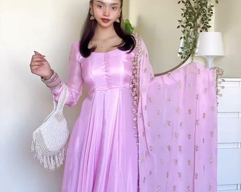 Pink Anarkali Dress Set Satin Gown Anarkali with Dupatta Indian Wedding Guest Outfit Pastel Ethnic Dress Eid Outfit Bridesmaid Indian dress