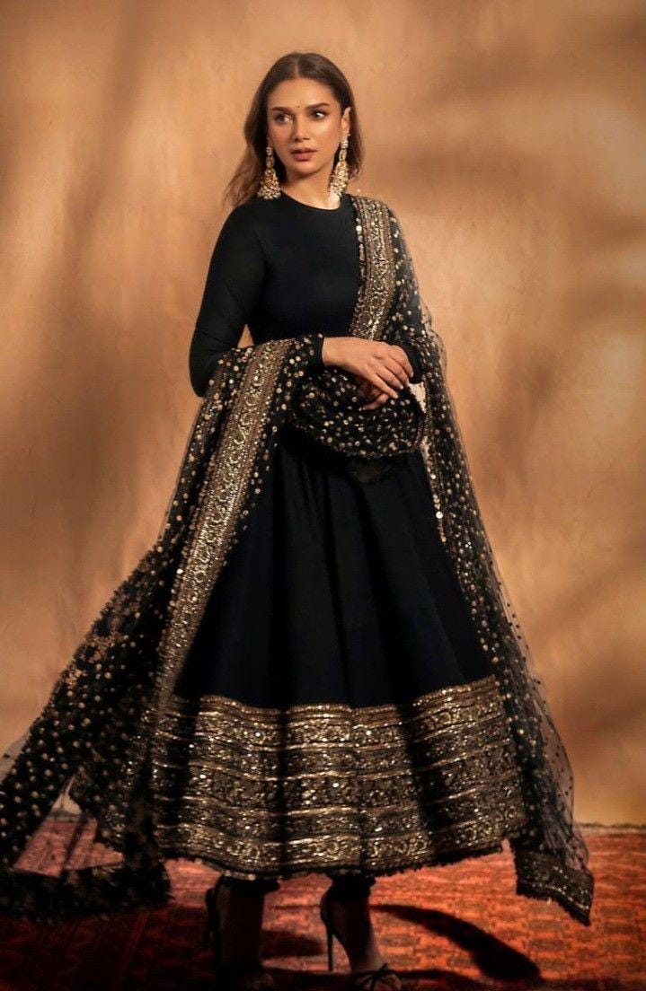 Elegant Black Anarkali Dress Indian Wedding Guest Outfit Party Wear Long Gown Custom Size Ethnic Dress Handmade India Plus Size Eid Outfit
