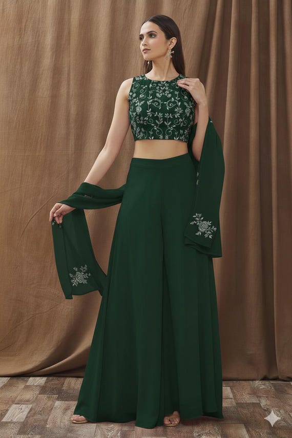 Indo Western Emerald Green Embroidered Palazzo Set Indian Ethnic Wear  Designer Crop Top Set Mehendi Dress Palazzo Dupatta Festive Party Wear -  Etsy Denmark