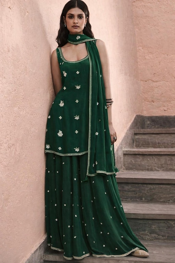 Dark Green Indo Western Sharara Suit | Mirror Work Embroidered Kurta Set Indian Wedding Outfit Mehendi Haldi Dress | Custom Made Ethnic Wear