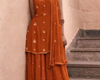 Rust Orange Indo Western Sharara Suit | Mirror Work Embroidered Kurta Set Indian Wedding Outfit Mehendi Haldi Dress Custom Made Ethnic Wear