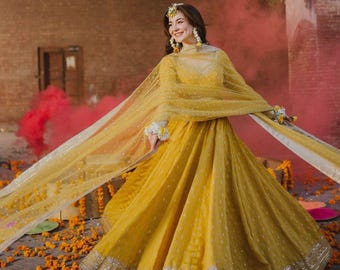 Vestido anarkali amarillo de diseñador, atuendo nupcial Haldi, ropa étnica india tradicional, ropa festiva para fiestas, vestido anarkali Dupatta, vestido de talla grande