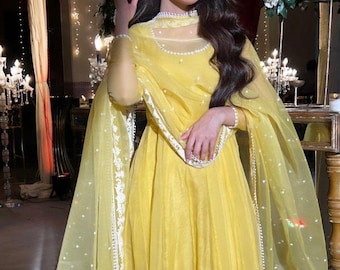 Yellow Organza Anarkali Suit | Haldi & Wedding Ethnic Dress | Custom Size