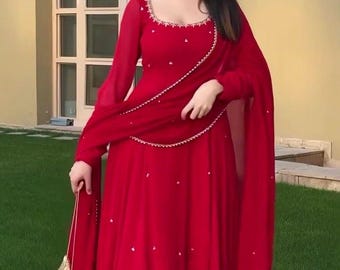 Elegant Red Anarkali Dress for Women | Indian Ethnic Gown Wedding Guest Outfit Flowy Long Dress with Dupatta Bollywood Style Salwar SuiT