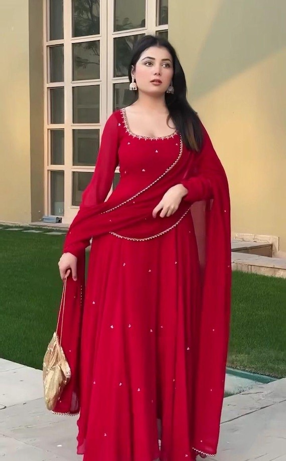 riwaazbymayurika Elegant Red Anarkali Dress for Women | Indian Ethnic Gown Wedding Guest Outfit Flowy Long Dress with Dupatta Bollywood Style Salwar Suit