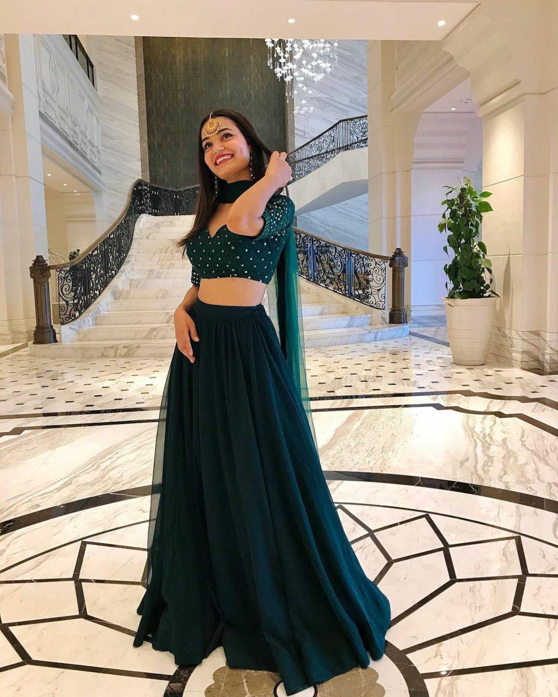Designer Traditional Wedding Wear Lehenga Choli Green Velvet Lehenga Choli main image 1