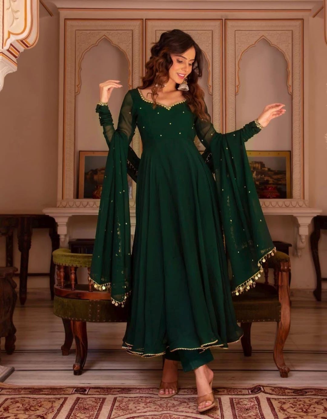 slim fit dress slacks Shop Teal Green Chiffon Floral Anarkali Set Online main image 1