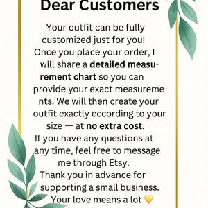 May include: A white background with a gold border and green leaf accents. The text reads "Dear Customers" followed by a message about custom outfits, measurement charts, and Etsy messaging. The message ends with "Your love means a lot - Riwaaz by Mayurika."