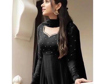 Elegant Black Anarkali Dress | Indian Wedding Guest Outfit | Party Wear Long Gown | Custom Size Ethnic Dress | Handmade in India Plus Size