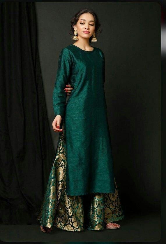 Dark Emerald Green Silk Kurta Palazzo Set for Women, Indian Festive Outfit, Wedding Guest Ethnic Suit, Designer Kurti with Brocade Palazzo