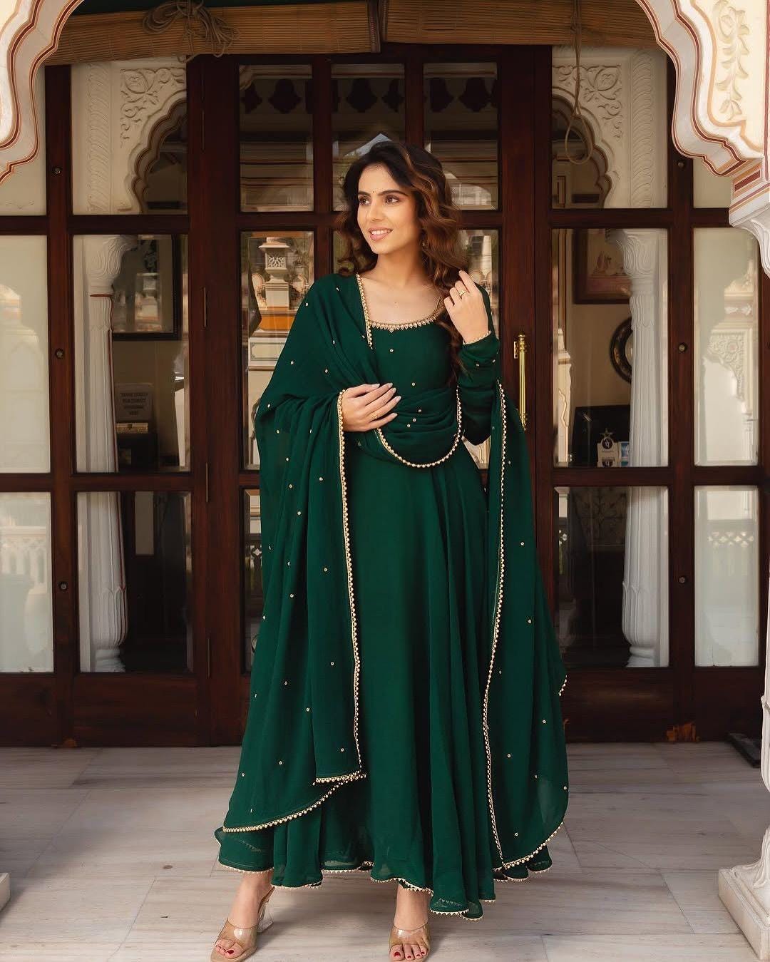 slim fit dress slacks Noorani Emerald Dark Green Anarkali Set – Tamara main image 0