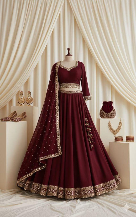 Maroon Silk Lehenga Choli | Traditional Indian Crop Top Twist | Bridal & Festive Outfit (Custom Size)