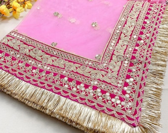 Pink Bridal Net Dupatta with Golden Fringe Border | Bollywood Party Wear Dupatta | Indian Bridal Veil Nikaah Chunri Custom Made Ruksati