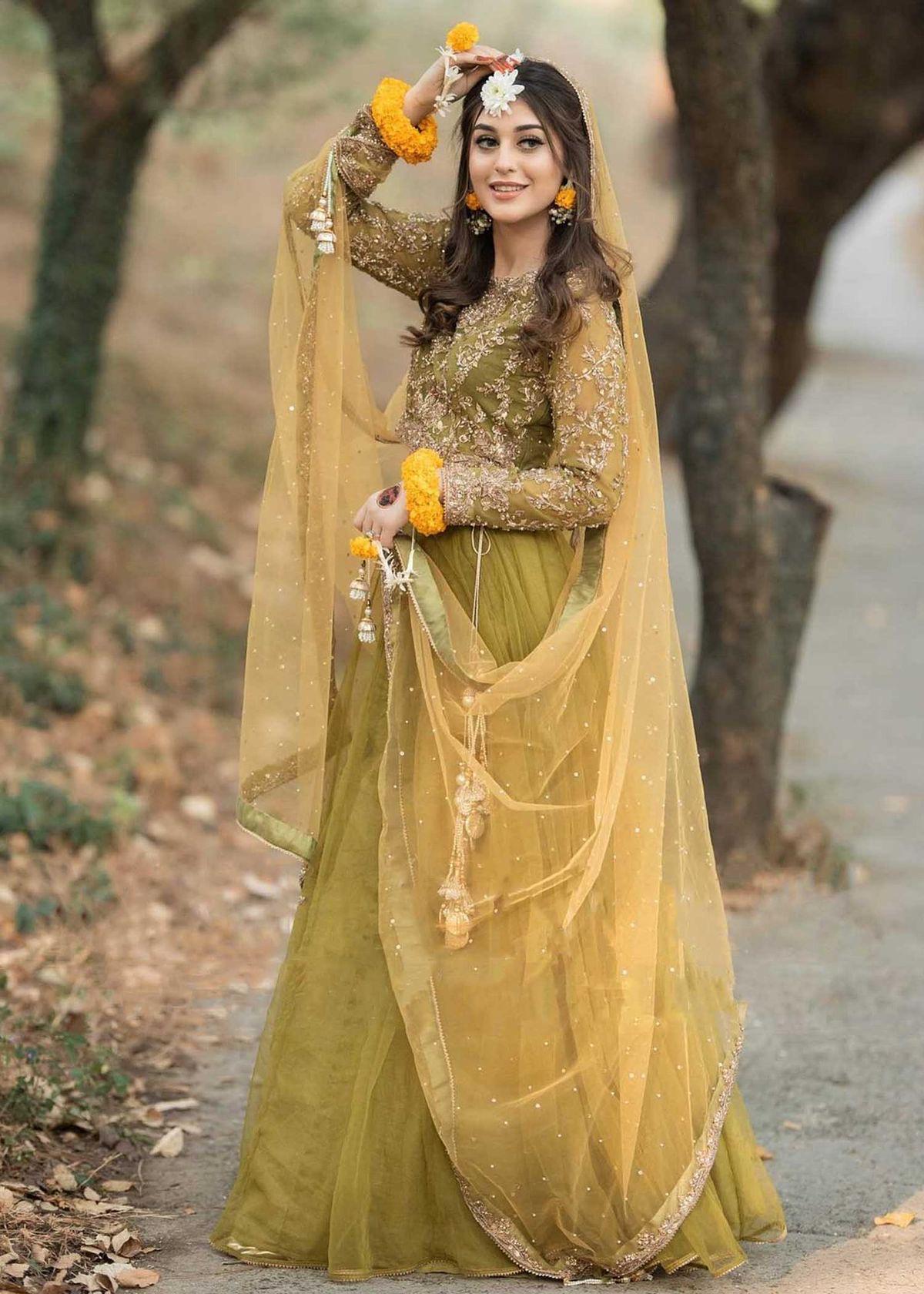 Olive Green Mehendi Outfit for Bride | Embroidered Anarkali With Mustard  Dupatta | Haldi Sangeet Dress | Custom Made Indian Outfit - Etsy