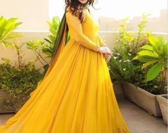 Designer Yellow Anarkali Gown indian Ethnic Outfit, Festive Wear Diwali  Outfit Ready to Ship Customize party wear Maxi Dress Plus Size