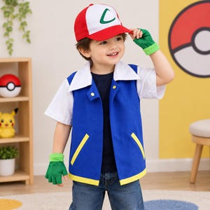 May include: A costume set featuring a red and white baseball cap with a green logo, a blue vest with yellow trim and white lapels, a white short-sleeved shirt, a dark blue t-shirt, and a pair of fingerless green gloves with light green cuffs.