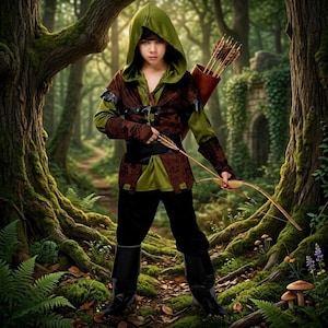 May include: A forest archer costume featuring a green hooded tunic, a brown textured vest with black straps, black trousers, and black boots. The outfit includes a brown leather quiver filled with wooden arrows and a wooden bow.