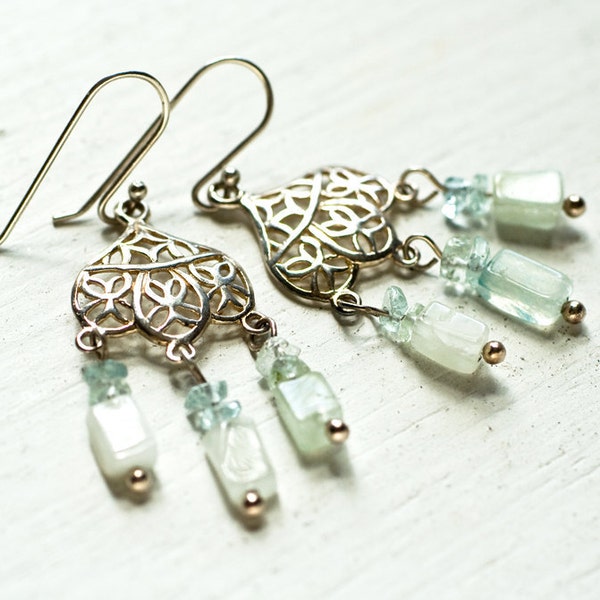 Aquamarine Chandelier Earrings - Sage Green Tribal Boho Jewelry Aqua Gift For Her