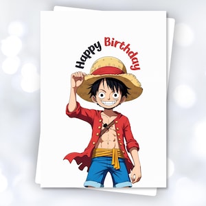 Birthday Card Printable – Luffy Holding Straw Hat – Anime Birthday Card – Instant Download – Digital Card for Anime Fans. One Piece
