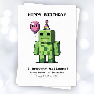 Cartão de aniversário engraçado de Creeper do Minecraft | Aniversário de jogador para imprimir | Piada com balão de TNT | Download instantâneo