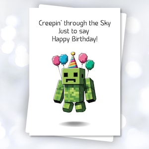 Cartão de aniversário do Minecraft para imprimir – Creeper com balões – Cartão divertido para crianças gamers – Download digital – Feliz aniversário em PDF