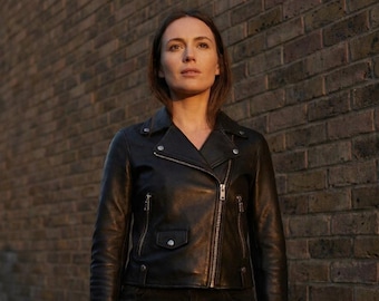 Women’s Black Leather Biker Jacket – Genuine Leather Moto Jacket, Slim Fit, Asymmetrical Zip, Classic Motorcycle Style