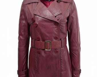Trench da donna in vera pelle color bordeaux/marrone – Cappotto lungo in pelle doppiopetto con cintura, capospalla invernale di lusso
