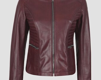 Women’s Maroon Leather Biker Jacket – Genuine Leather Moto Jacket, Slim Fit, Asymmetrical Zip, Classic Motorcycle Style