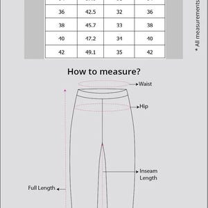 May include: A size chart from Dukandaars "Leather Hub" for trousers, displaying waist, hip, inseam, and length measurements in inches. A diagram illustrates how to measure waist, hip, and inseam length.