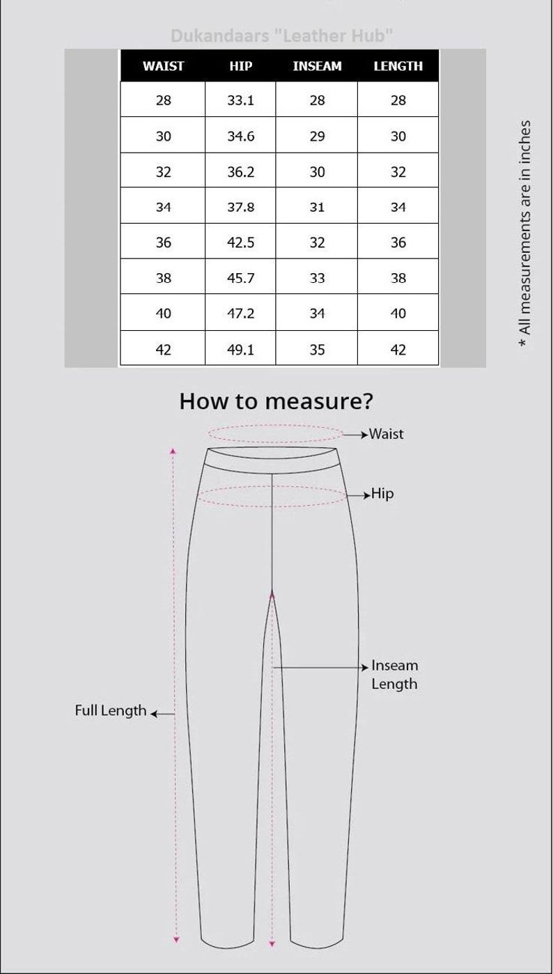 May include: A size chart from Dukandaars "Leather Hub" for trousers, displaying waist, hip, inseam, and length measurements in inches. A diagram illustrates how to measure waist, hip, and inseam length.