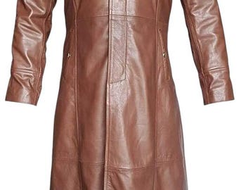 Handmade Brown Leather Trench Coat: Vintage Western Duster, Cosplay Biker Jacket