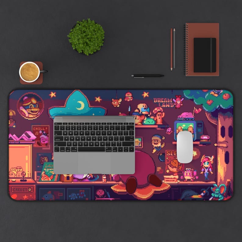 Cozy Kirby Retro Nightroom Pixel Art Desk Mat | Gaming Mousepad | Cute Retro Character Decor image 4