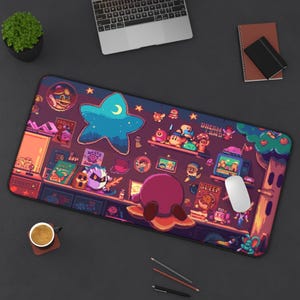 Cozy Kirby Retro Nightroom Pixel Art Desk Mat | Gaming Mousepad | Cute Retro Character Decor image 1