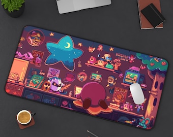 Cozy Kirby Retro Nightroom Pixel Art Desk Mat | Gaming Mousepad | Cute Retro Character Decor