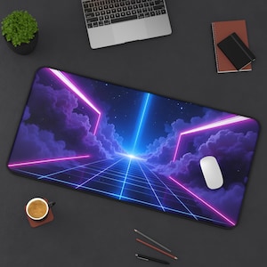 Tapete de mesa Vaporwave com neon vibrante | Mouse pad gamer | Decoração de escritório cyberpunk | Presente gamer | Configuração de mesa estética