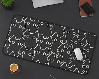 Black Cat Desk Mat Cute Gothic Office Accessory, Workspace Decor & Mouse Pad for Cat Lovers and Gamers