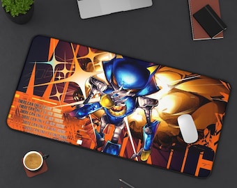 Vibrant Metal Sonic Gamer Desk Mat: Colorful Video Game Desk Decor