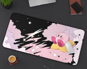 Cute Kirby Pink Galaxy Sky Desk Mat | Gaming Mat | Cute Desk Accessory | Retro Gamer Gift | Cartoon Office Decor