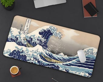 Alfombrilla de escritorio con ondas de Hokusai / Decoración artística de oficina / Alfombrilla de ratón única / Regalo para amantes del arte / Accesorio para el espacio de trabajo en casa