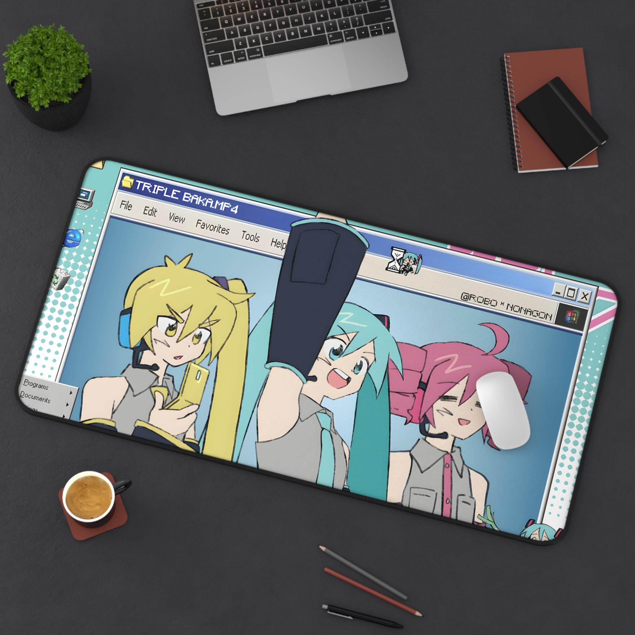 Triple Baka Desk Mat | Miku, Teto, Neru Anime Decor | Gamer Desk