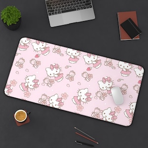 Söt Hello Kitty skrivbordsmatta | Hello Kitty musmatta | Kontorsinredning | Gamerpresent | Rosa blommig skrivbordstillbehör | Söt djurarbetsyta