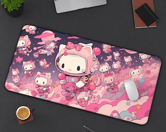 Cute Astronaut Hello Kitty Desk Mat | Gamer Mouse Pad | Cosmic Office Decor | Gift for Cat Lovers | Kawaii Desk Mat